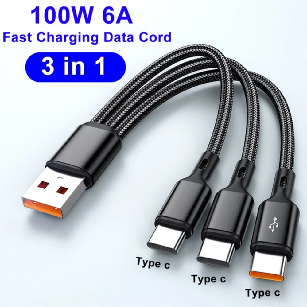 3-in-1 USB-A to USB-C Fast Charging Cable 100W 6A Braided USB Charging Cable QXL