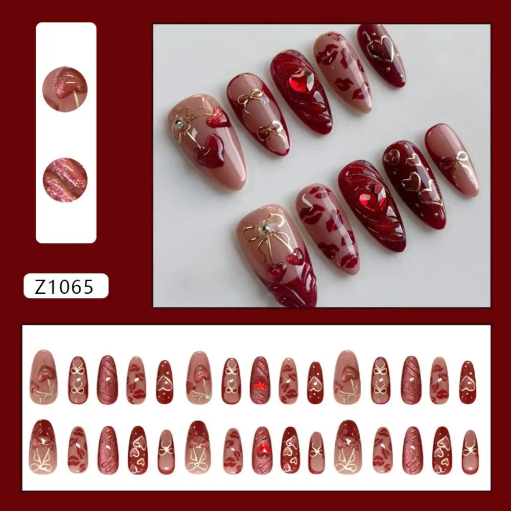 30-Pack Almond Press-On Nails | French Cat Eye Butterfly Pearl Press-On Nail Tips QXL