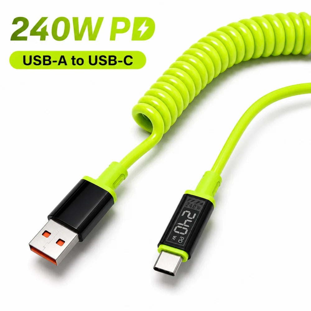 240W Retractable USB-C Fast Charging Cable | Spring Coil PD USB-C Charging Cable QXL