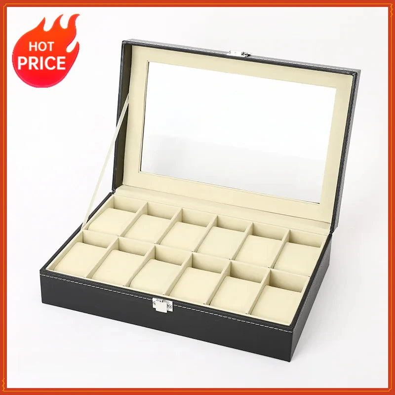 6-Slot PU Leather Watch Box with Glass Lid – Display & Storage Watch Display Box QXL