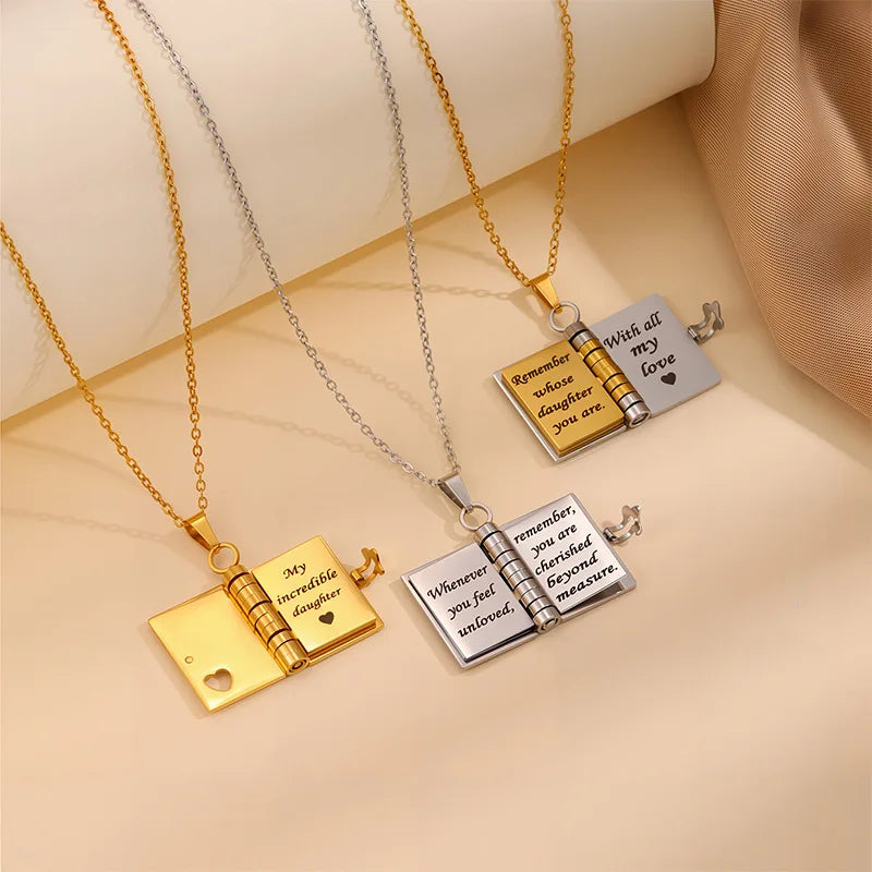 Stainless Steel Book Pendant Necklace | Family Keepsake Gift Pendant Necklace QXL