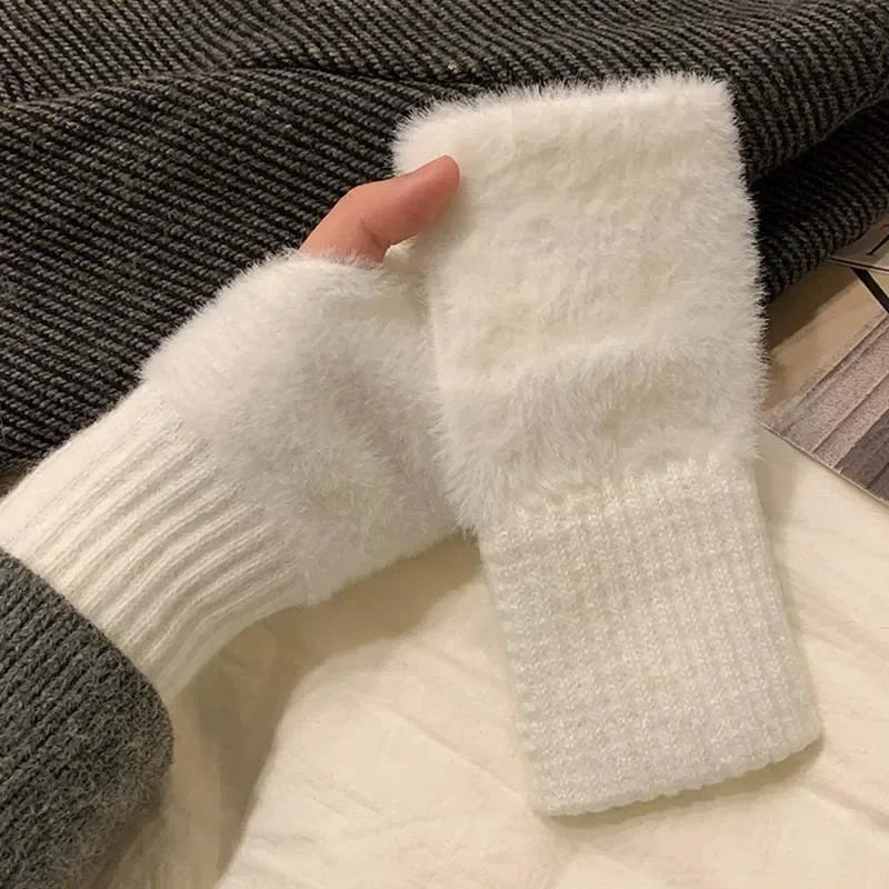Women's Fleece Half Finger Gloves | Warm Knit Wrist Mittens Fingerless Winter Gloves QXL