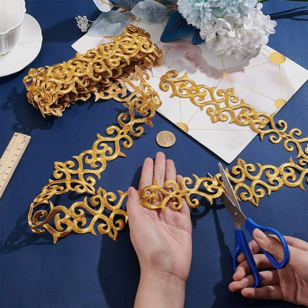 Iron-On Gold Embroidery Lace Trim 4.37 Yds | Floral Metallic Embroidery Lace Trim QXL