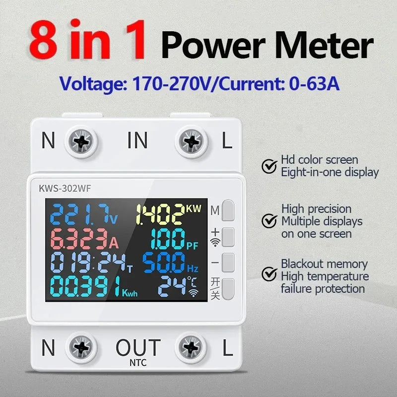 8-in-1 AC Power Meter 63A | kWh, Volts, Watts & WiFi Control AC Energy Power Meter QXL