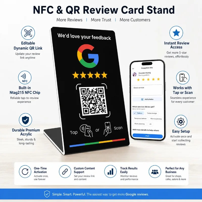 NFC Review Card Stand | NTAG215 Chip & Dynamic QR Code NFC Review Stand QXL