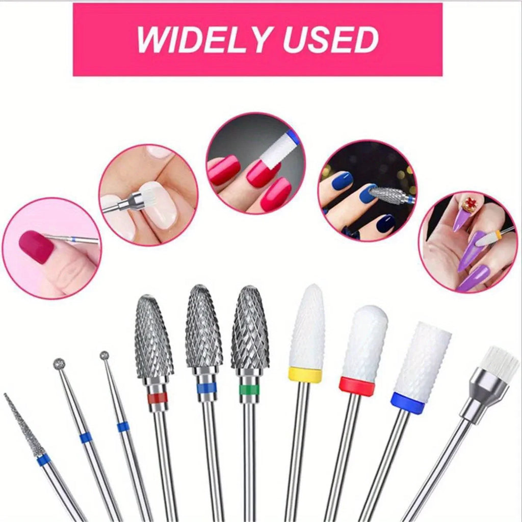 10-Pc Nail Drill Bits Set | Ceramic, Diamond & Carbide Nail Drill Bit Set QXL