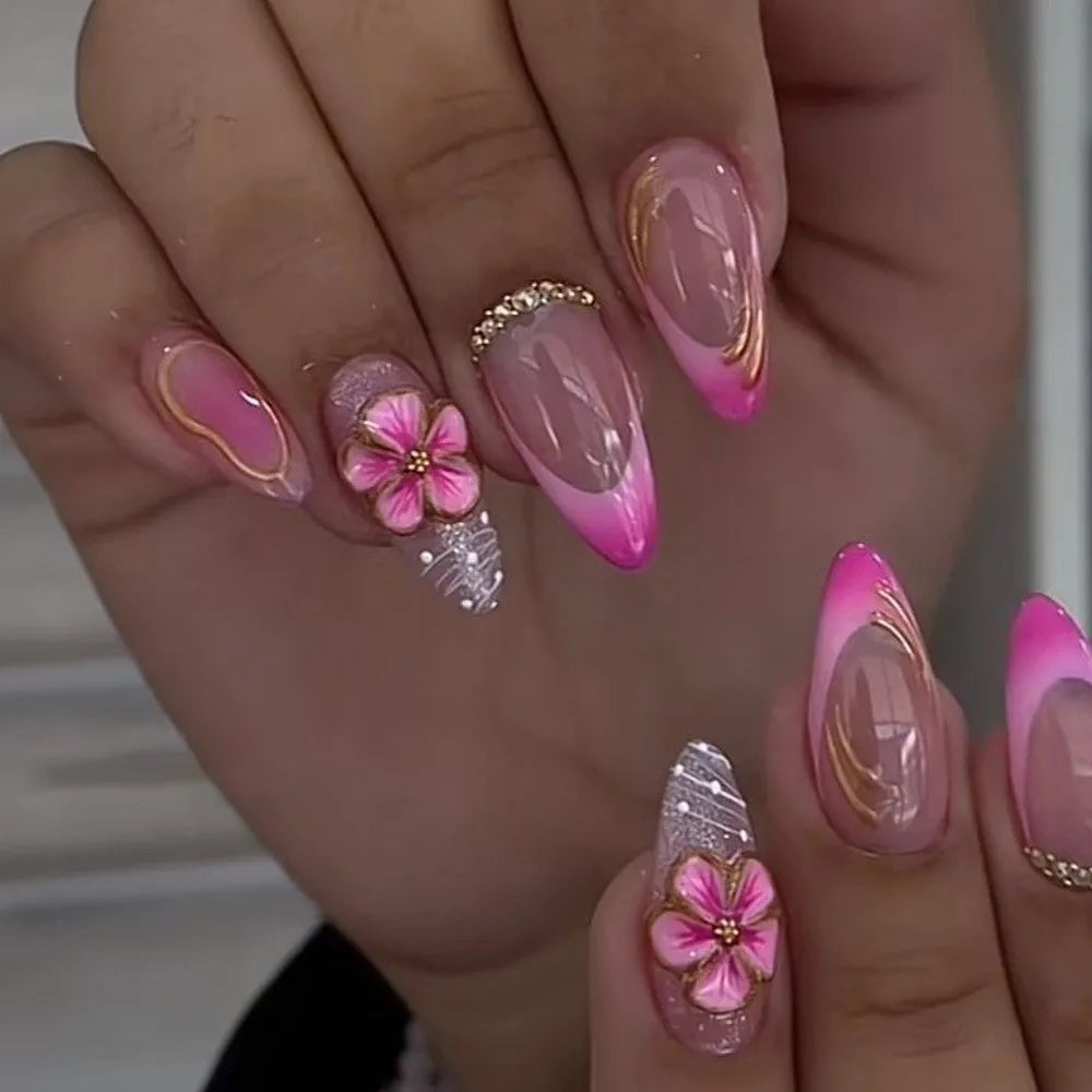 24-Pc French Almond Press-On Nails | Pink Flower False Tips Press-On Nails QXL