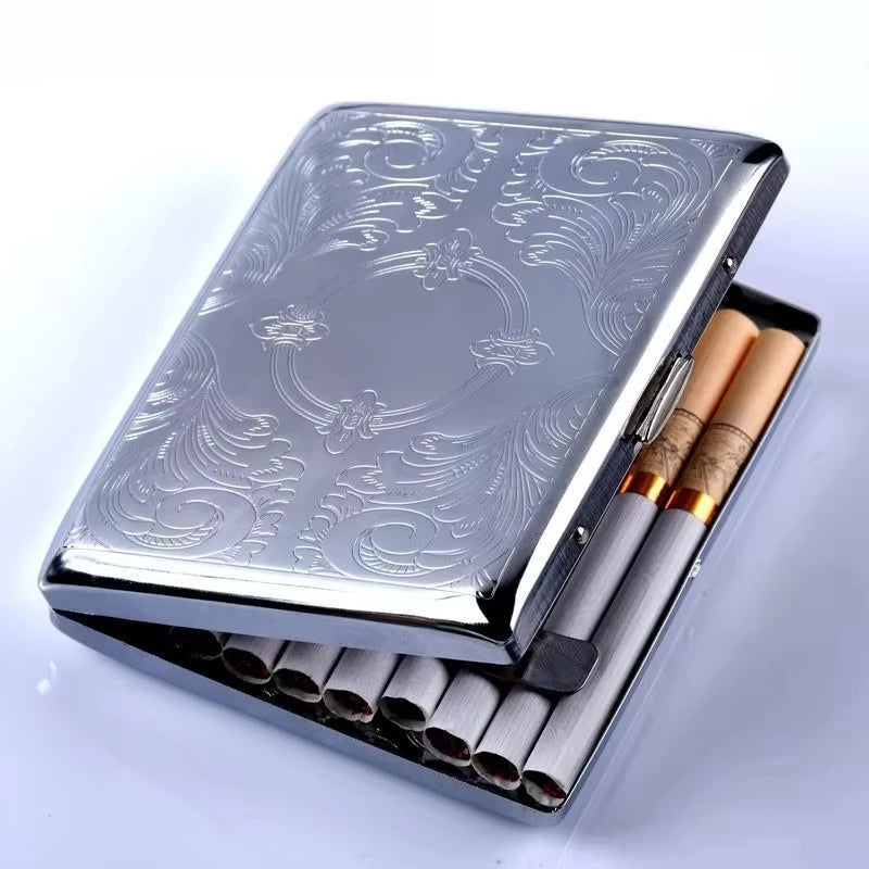 Silver Metal Cigarette Case | Flip-Top Box Holds 20 Cigarettes Cigarette Case QXL