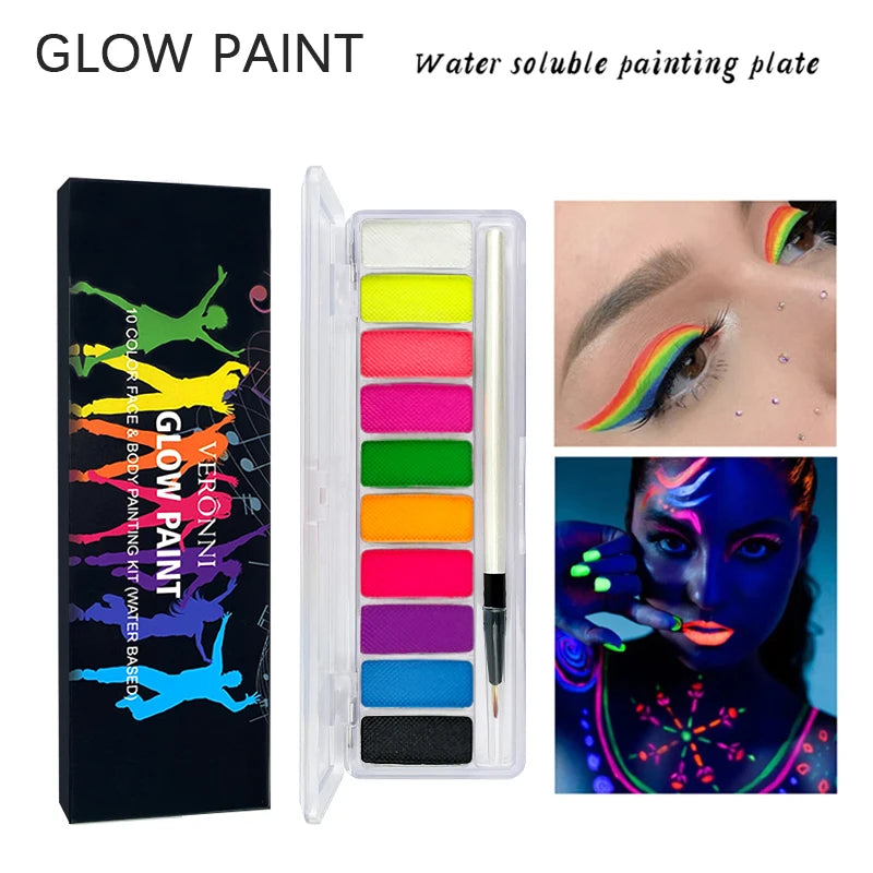 VERONNI 10-Color UV Glow Neon Face & Body Paint Palette Face & Body Paint QXL