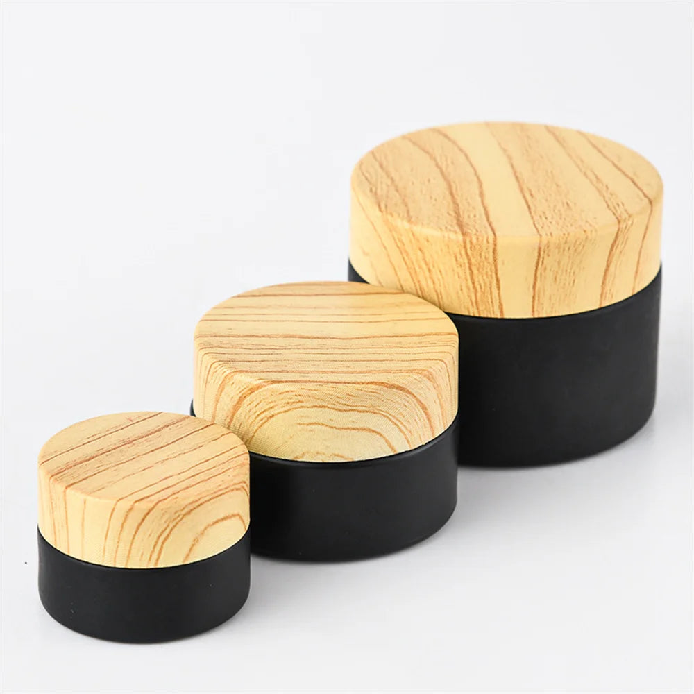 Matte Black Glass Jars Wood Cap | 5g–50g Refillable Cosmetic Pots Cosmetic Glass Jar QXL