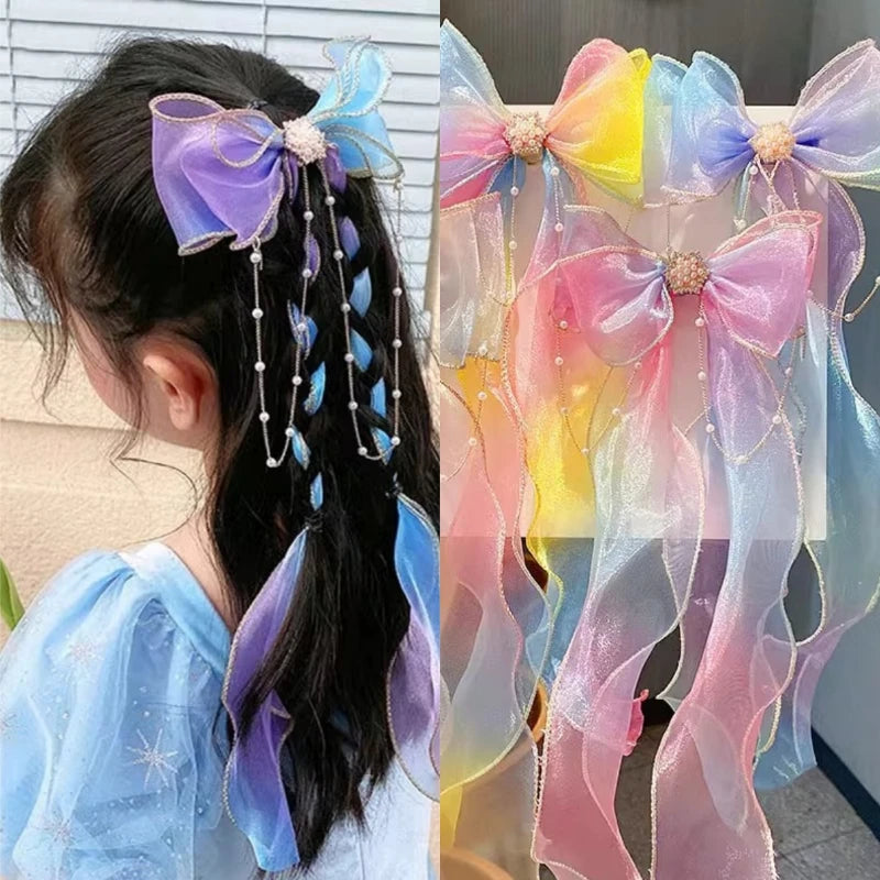 Mesh Bow Hair Clips for Girls – Faux Pearl Tassel Decoration Kids Hair Clip QXL