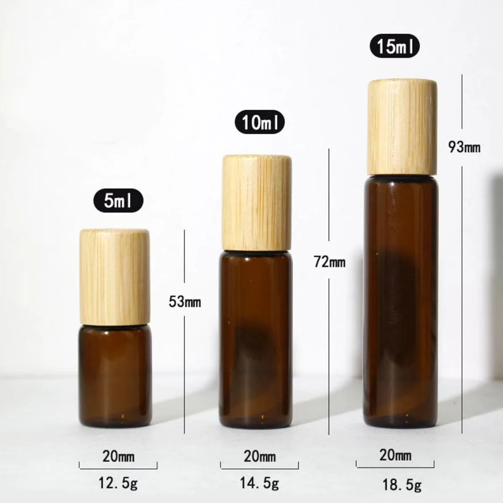 Glass Roll-On Bottles with Wood Cap | 5–20ml Roller Vials Glass Roller Bottle QXL Amber Bamboo cap 5ml 1 bottle