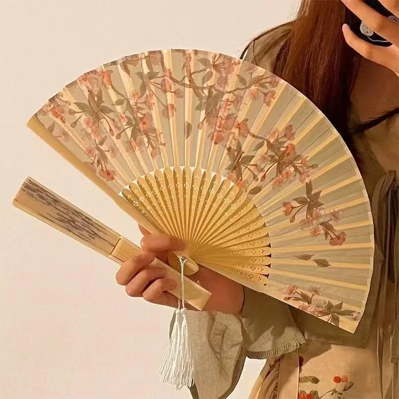 Chinese Bamboo Folding Fan | Silk Flower Dance & Decor Prop Folding Hand Fan QXL