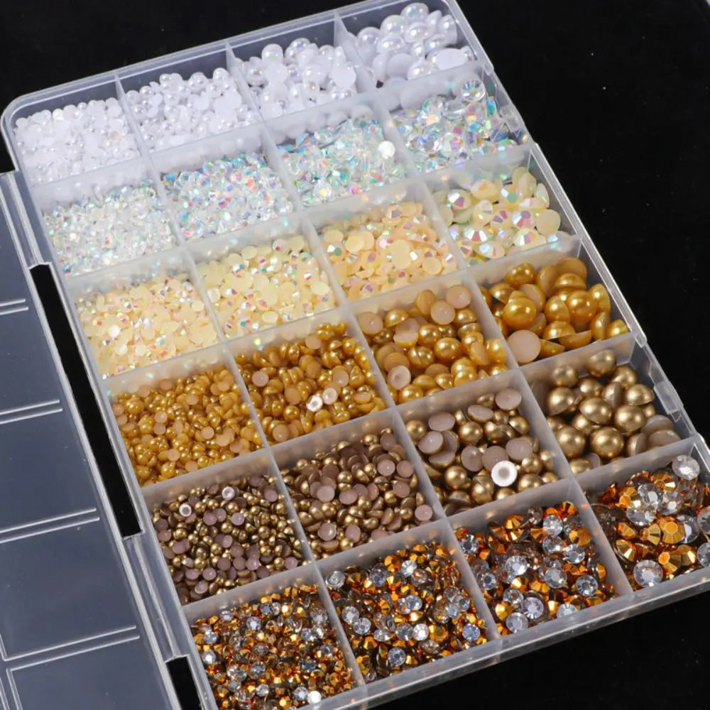 Flatback Pearls & Rhinestones Kit 3–8mm | 24-Grid Mixed Gems Nail Art Rhinestone Kit QXL