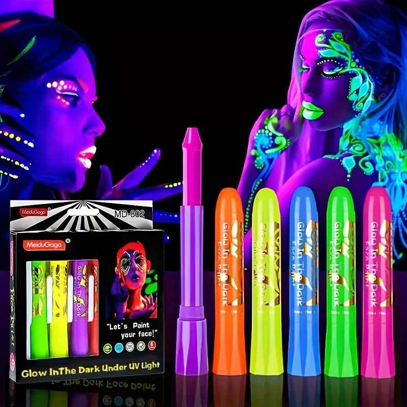 6-Pc Glow in the Dark Face Paint Crayons | UV Neon Kit UV Face Paint Kit QXL