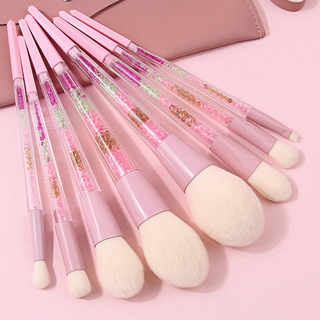 11-Pc Pink Glitter Makeup Brush Set | Crystal Handle & Bag Makeup Brush Set QXL