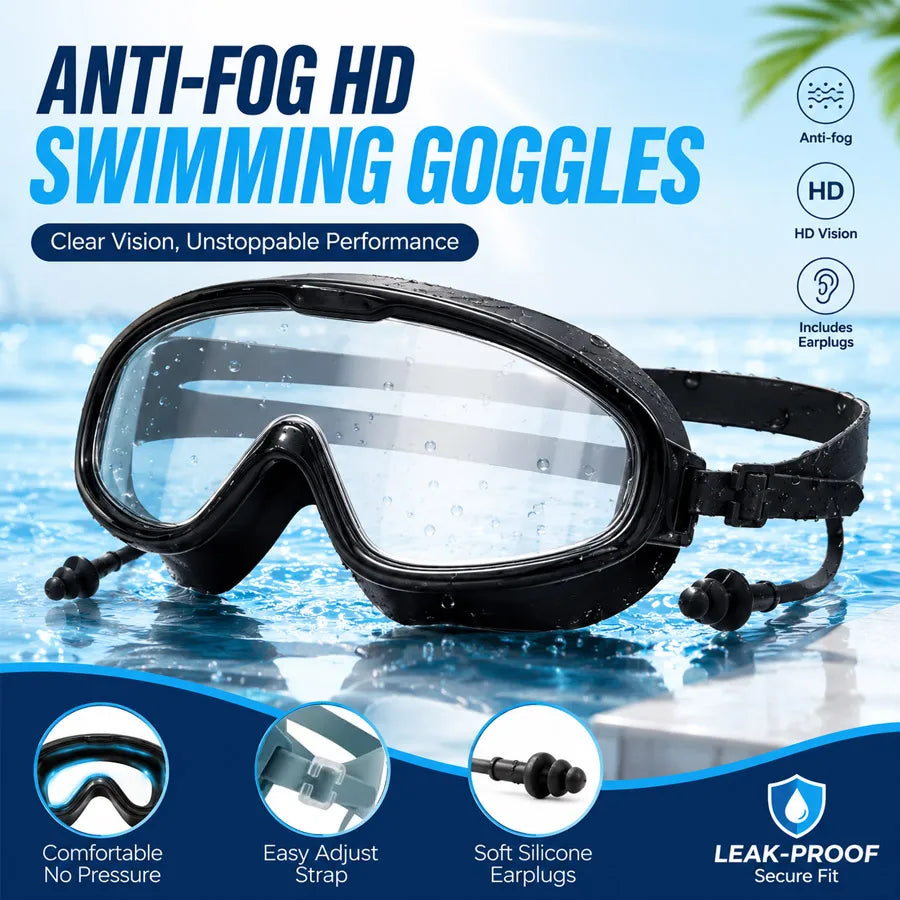 Adult Wide-Vision Swim Goggles with Earplugs | Anti-Fog