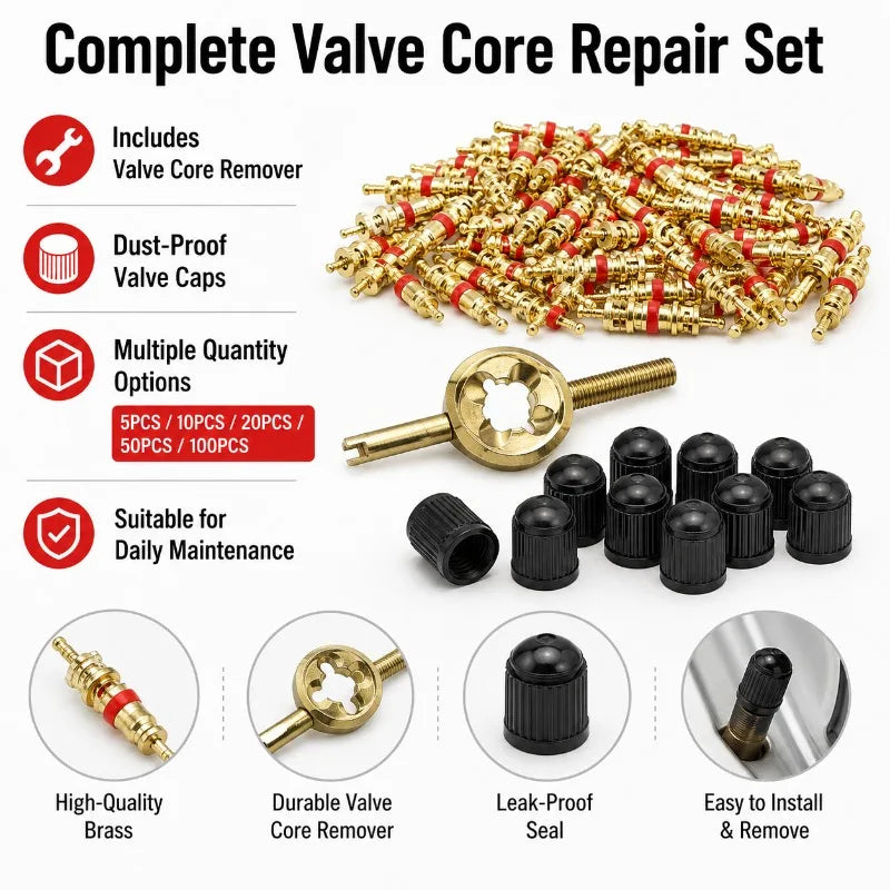Brass Schrader Tire Valve Core Kit + Remover Tool & Dust Caps Tire Valve Core Kit QXL