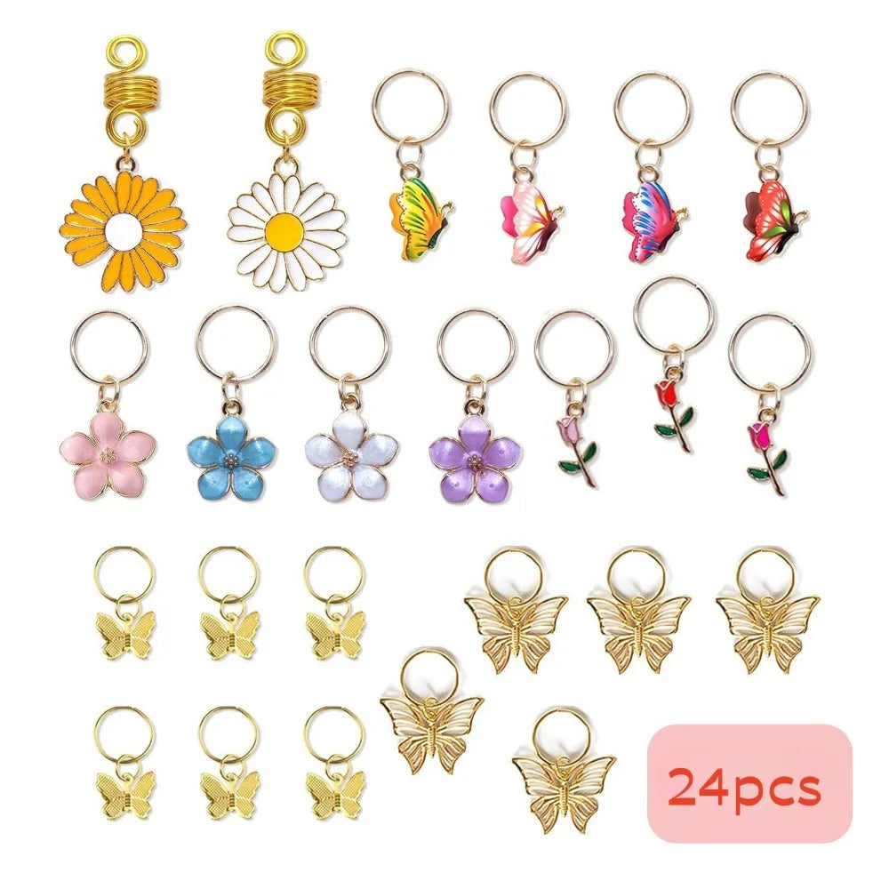 24-Piece Flower & Butterfly Dreadlock Hair Rings Set Dreadlock Hair Rings QXL