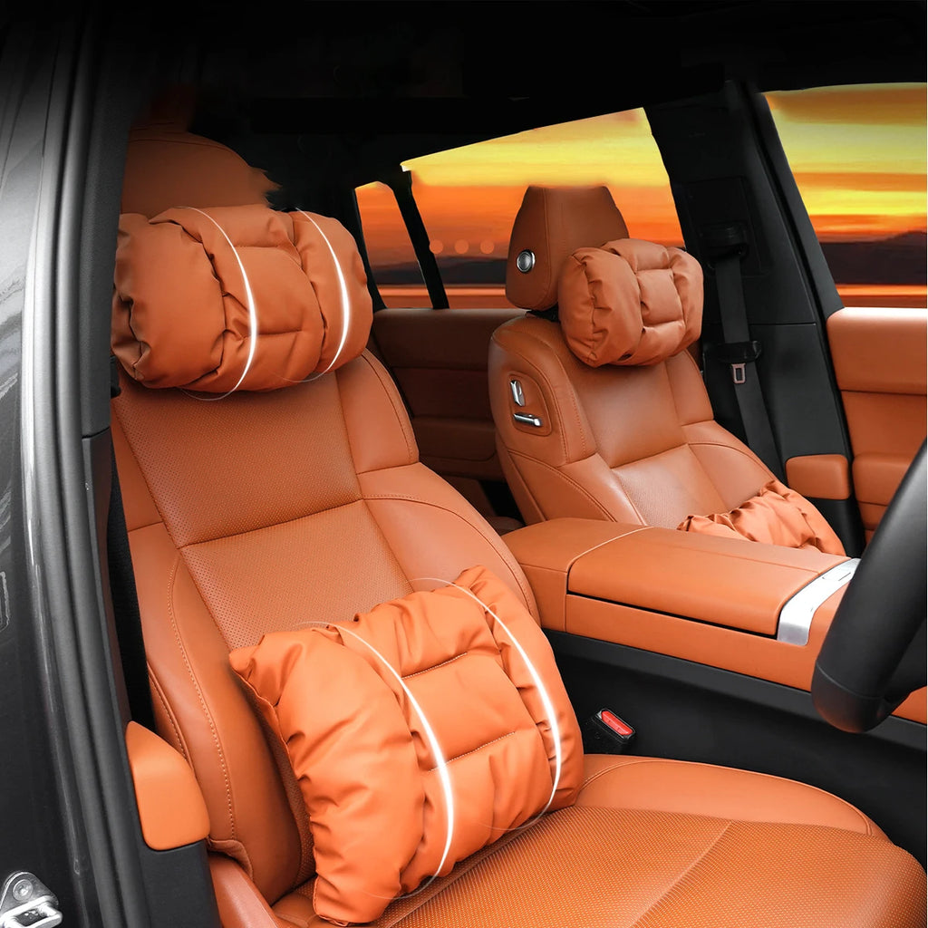 Car Neck Pillow & Lumbar Cushion Set | Faux Leather Travel Car Seat Cushion Set QXL