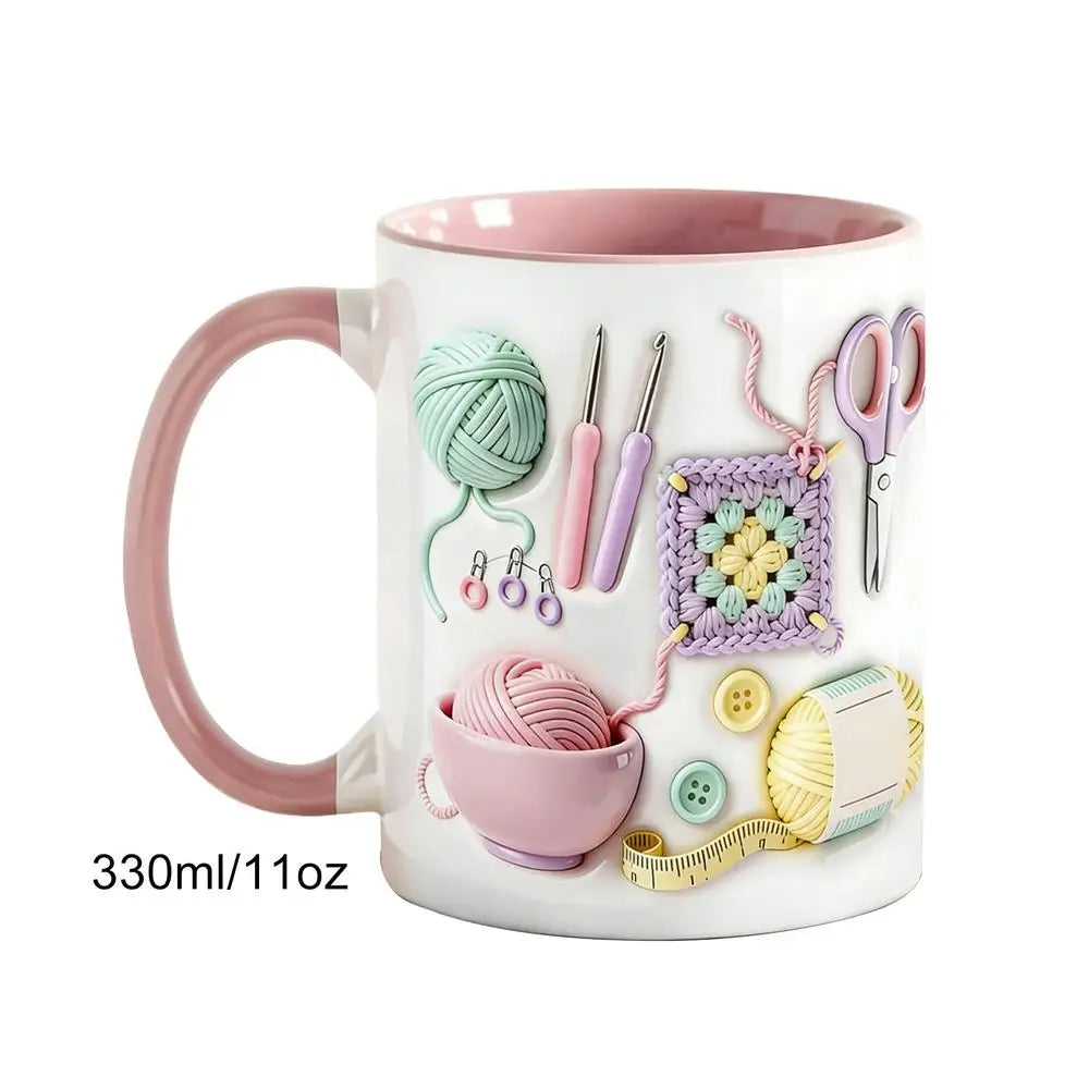 330ml Ceramic Crochet Coffee Mug | Novelty Knitting Design Novelty Coffee Mug QXL Pink 201-300ml