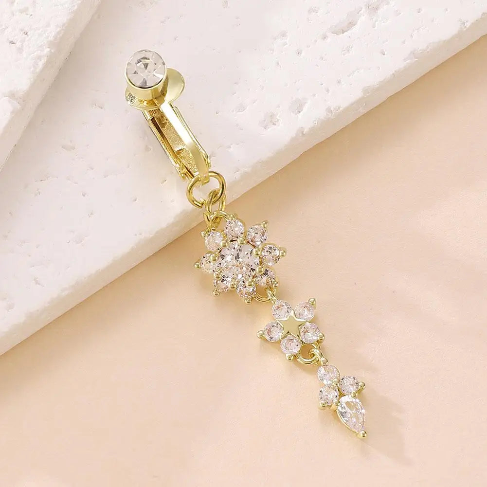 Clip-On Belly Button Ring | No-Piercing CZ Dangle Navel Ring Clip-On Navel Ring QXL