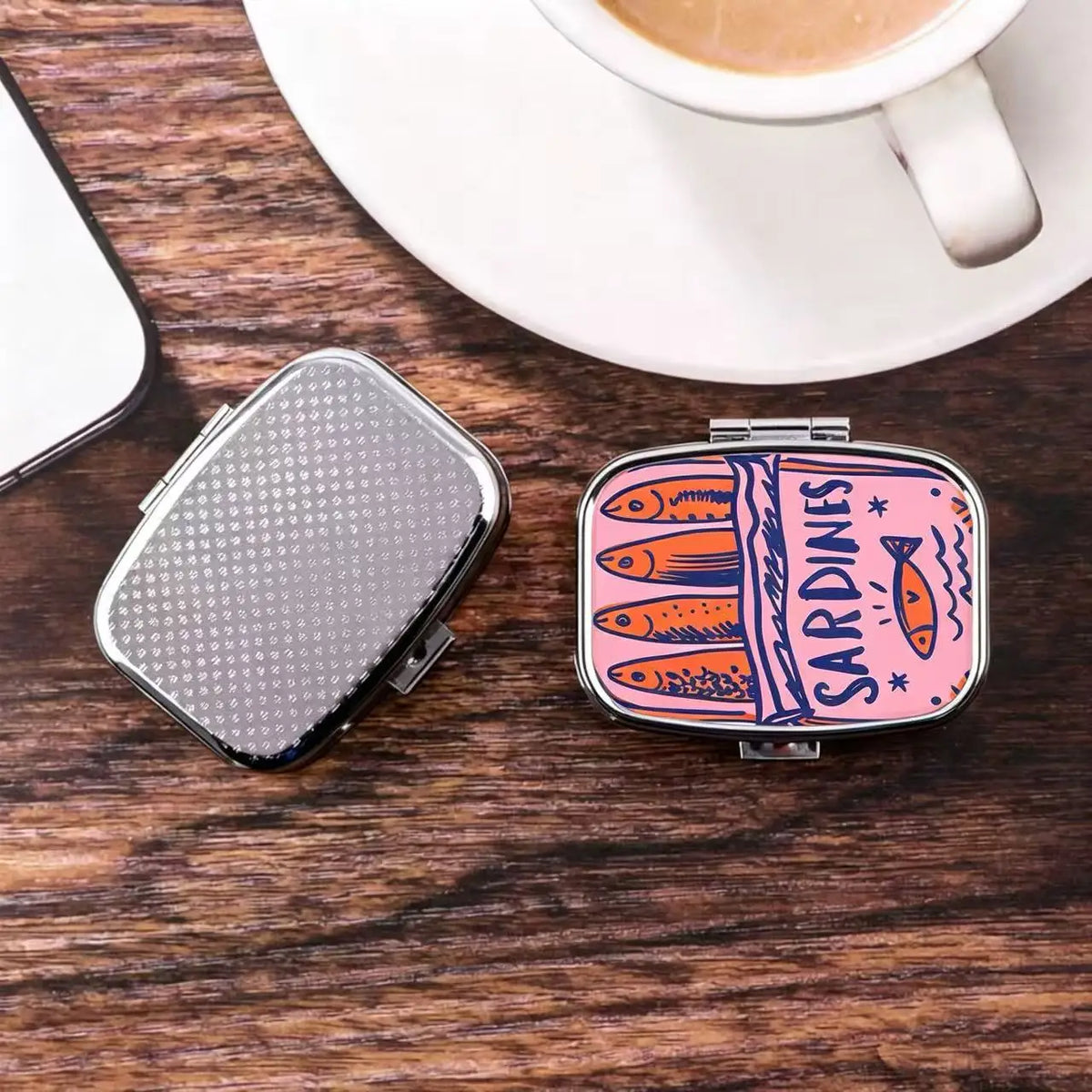 Sardines Print Metal Pill Case | 2-Compartment Travel Organizer Pill Case Organizer QXL