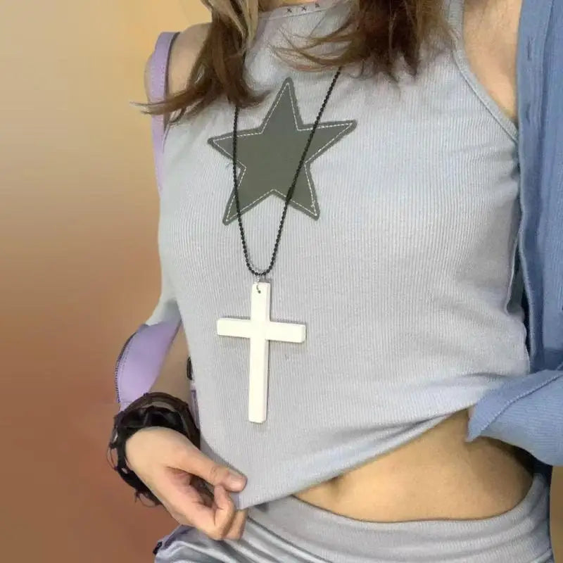 Punk Gothic Wood Cross Pendant Necklace | Vintage Y2K Style Cross Pendant Necklace QXL
