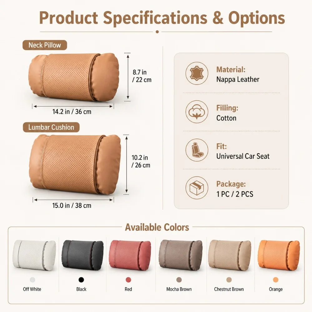 Nappa Leather Car Neck Pillow & Lumbar Cushion | 1 or 2 Pack Car Seat Cushion QXL