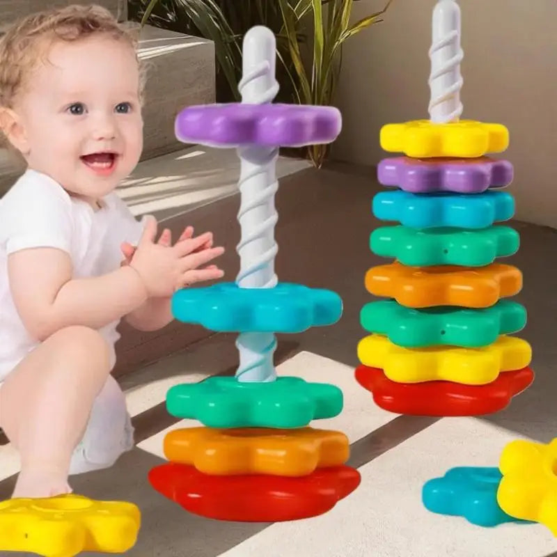 Montessori Rainbow Stacking Spinning Tower Toy | Kids Gift Montessori Stacking Toy QXL