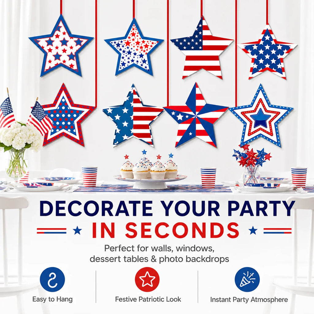 8-Pack 4th of July Hanging Star Ornaments | Red White Blue Party Hanging Ornaments QXL