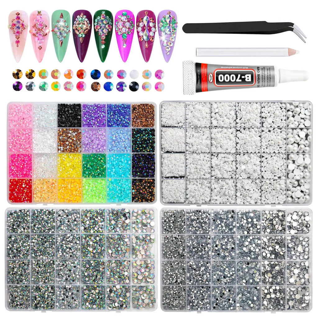 24-Grid AB Rhinestone Set | Mixed Flatback Gems 3–6mm DIY Nail Art Rhinestones QXL