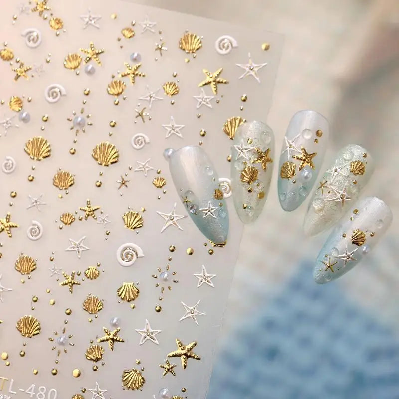 3D Gold Ocean Nail Stickers | Shell Starfish Self-Adhesive Nail Art Stickers QXL