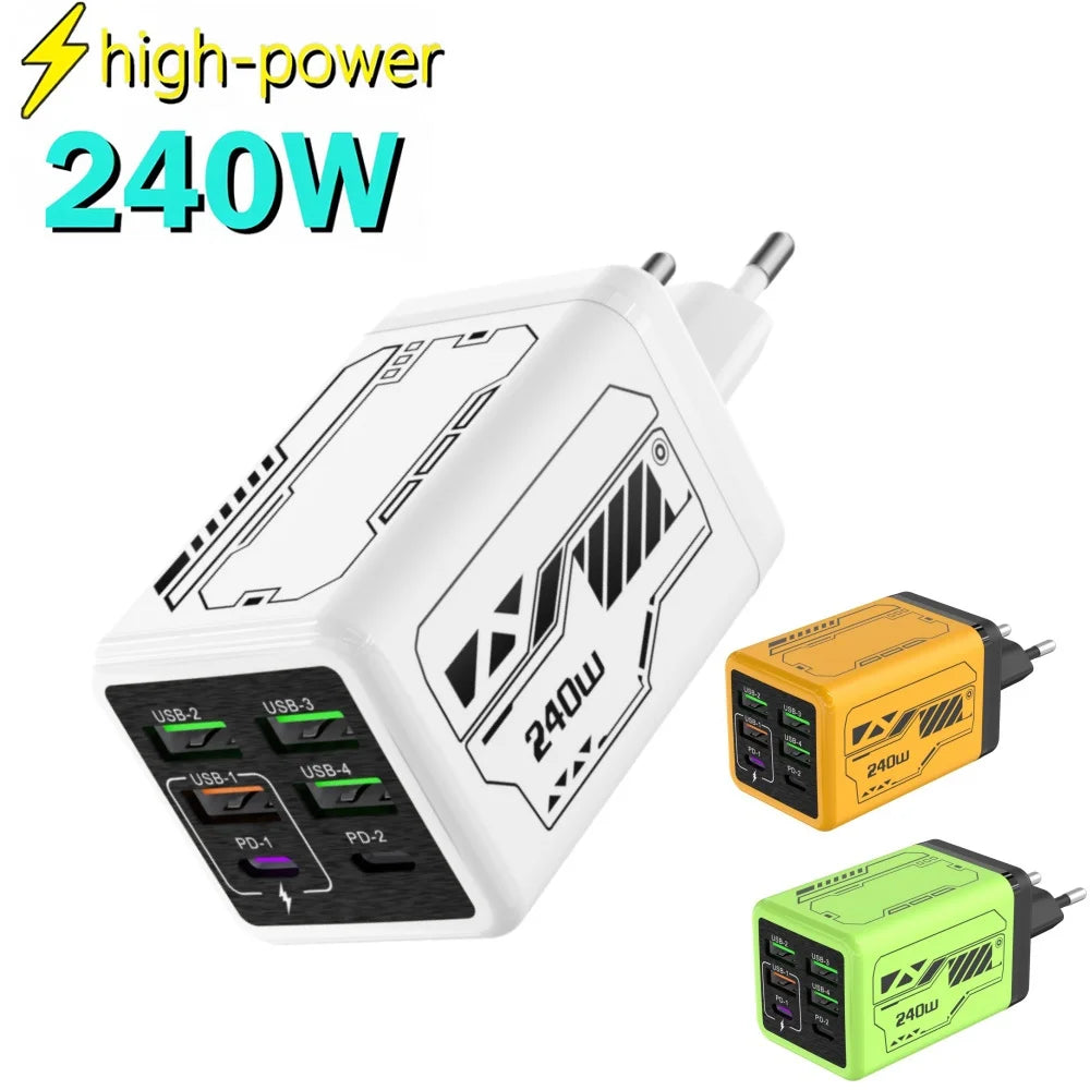 240W 6-Port USB-C PD QC 3.0 Fast Wall Charger EU/US/UK Multi-Port Wall Charger QXL