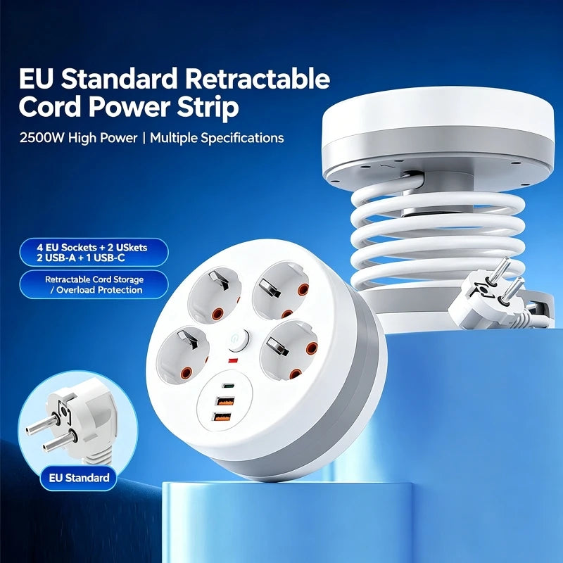 EU Power Strip 4 Outlets USB USB-C | 2.8m Retractable Cable EU Power Strip QXL