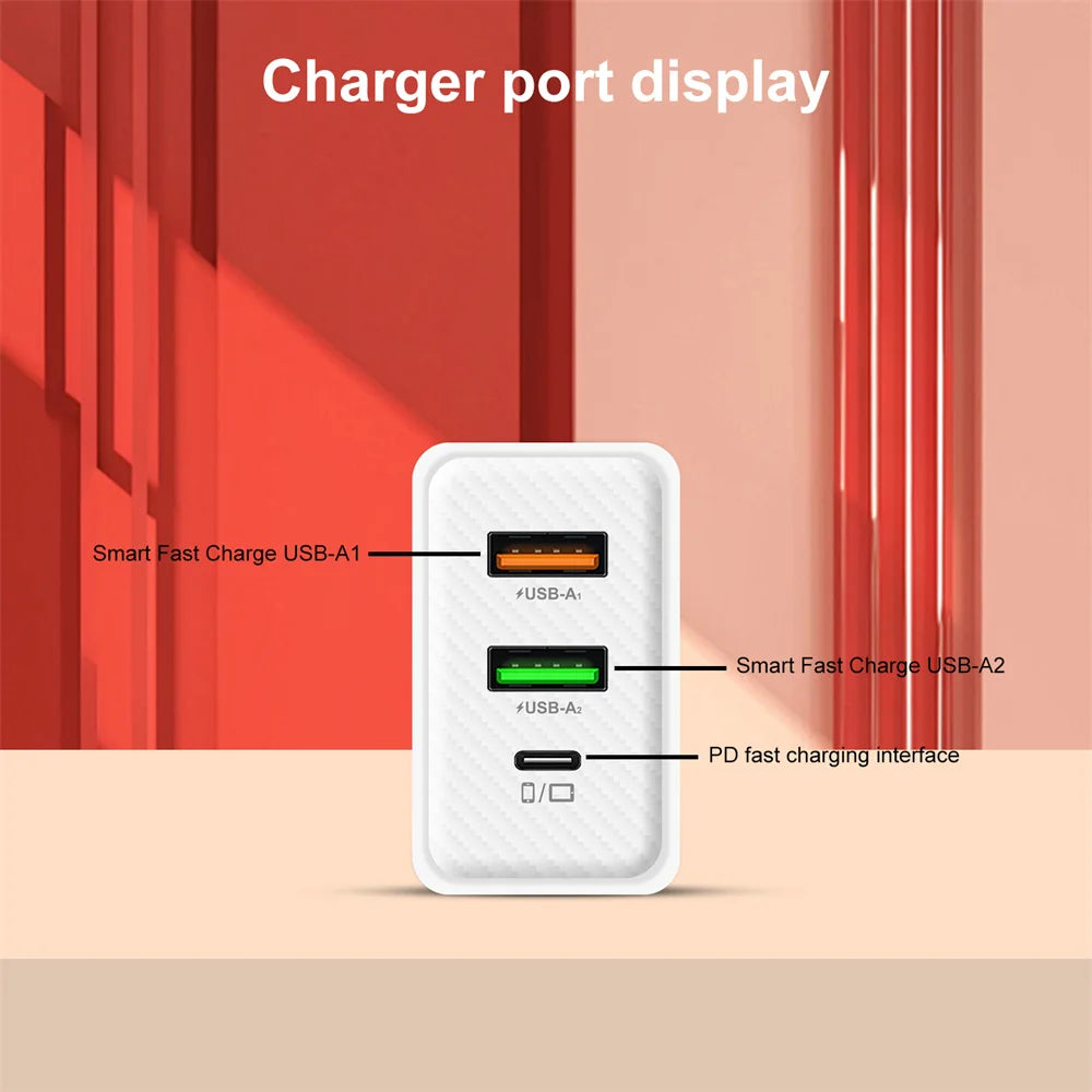 48W 3-Port USB-C PD Fast Charger | EU US UK Plug Adapter USB-C Wall Charger QXL