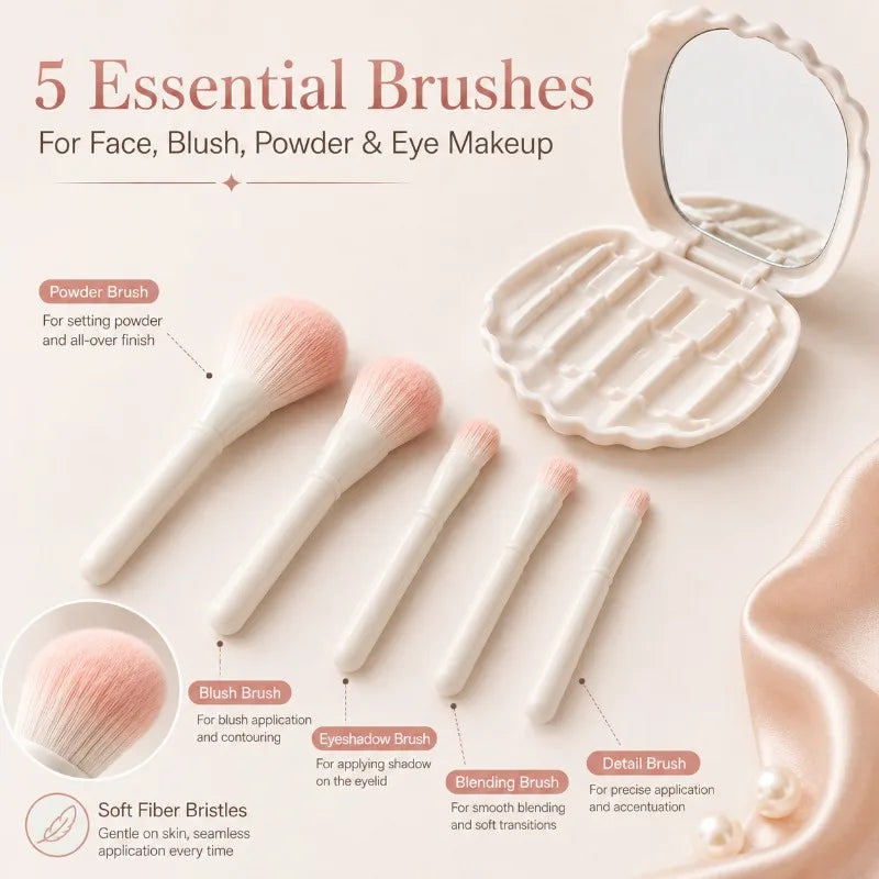 5-Pc Shell Makeup Brush Set with Mirror Case | Travel Makeup Brush Set QXL