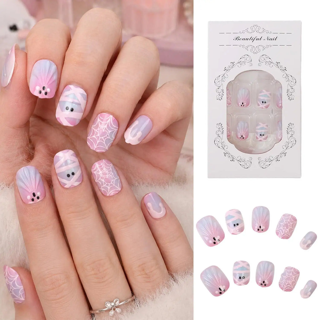 24-Pc Halloween Press-On Nails | Ghost Cat-Eye Spider Web Press-On Nail Set QXL