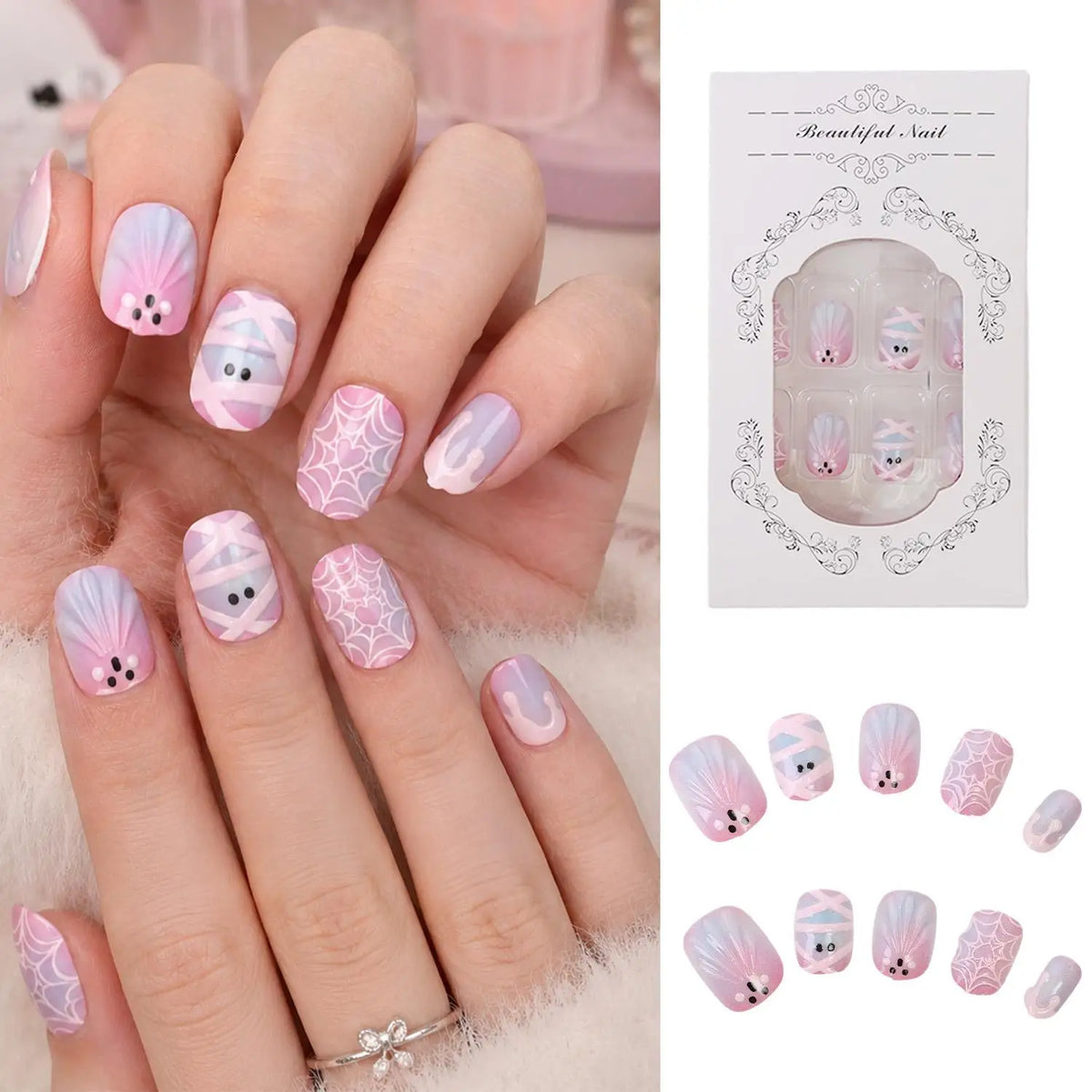24-Pc Halloween Press-On Nails | Ghost Cat-Eye Spider Web Press-On Nail Set QXL