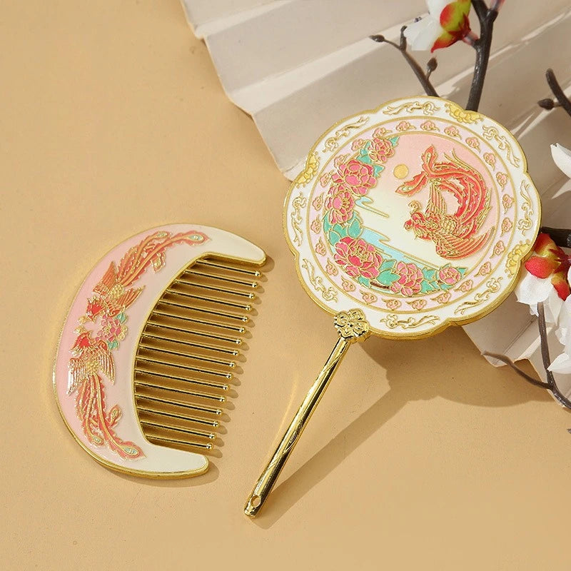 Chinese Style Metal Mirror & Comb Set | Phoenix Peony Design Handheld Mirror Set QXL