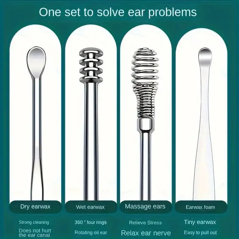 6-Pc Stainless Steel Ear Wax Removal Spiral Spoon Set Ear Wax Removal Set QXL