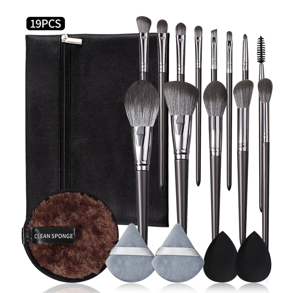 KOSSHOW 19-Pc Silver Makeup Brush Set with Bag & Sponges Makeup Brush Set QXL GRAY