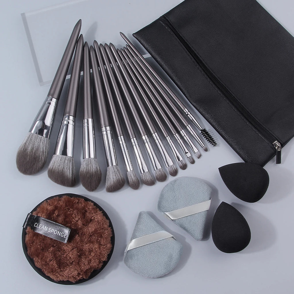 KOSSHOW 19-Pc Silver Makeup Brush Set with Bag & Sponges Makeup Brush Set QXL
