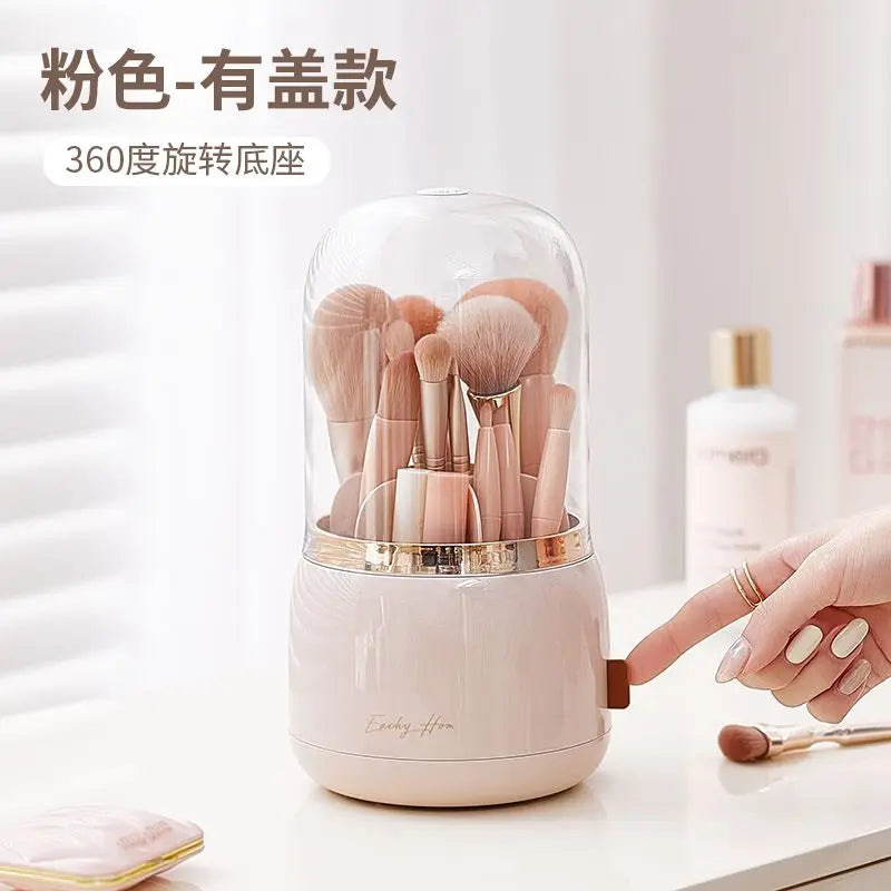 Rotating Dustproof Makeup Brush Holder & Organizer with Lid Makeup Brush Organizer QXL Storage bucket pink