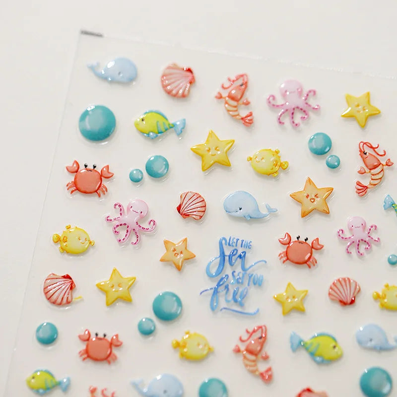 5D Embossed Ocean Nail Stickers | Kawaii Sea Shell Manicure Decals Nail Art Stickers QXL