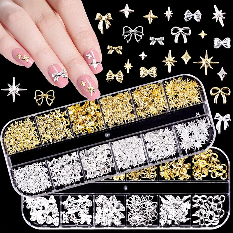 3D Metal Nail Charms Set | Gold & Silver Bowknot Stars 2-Box 3D Nail Charms QXL