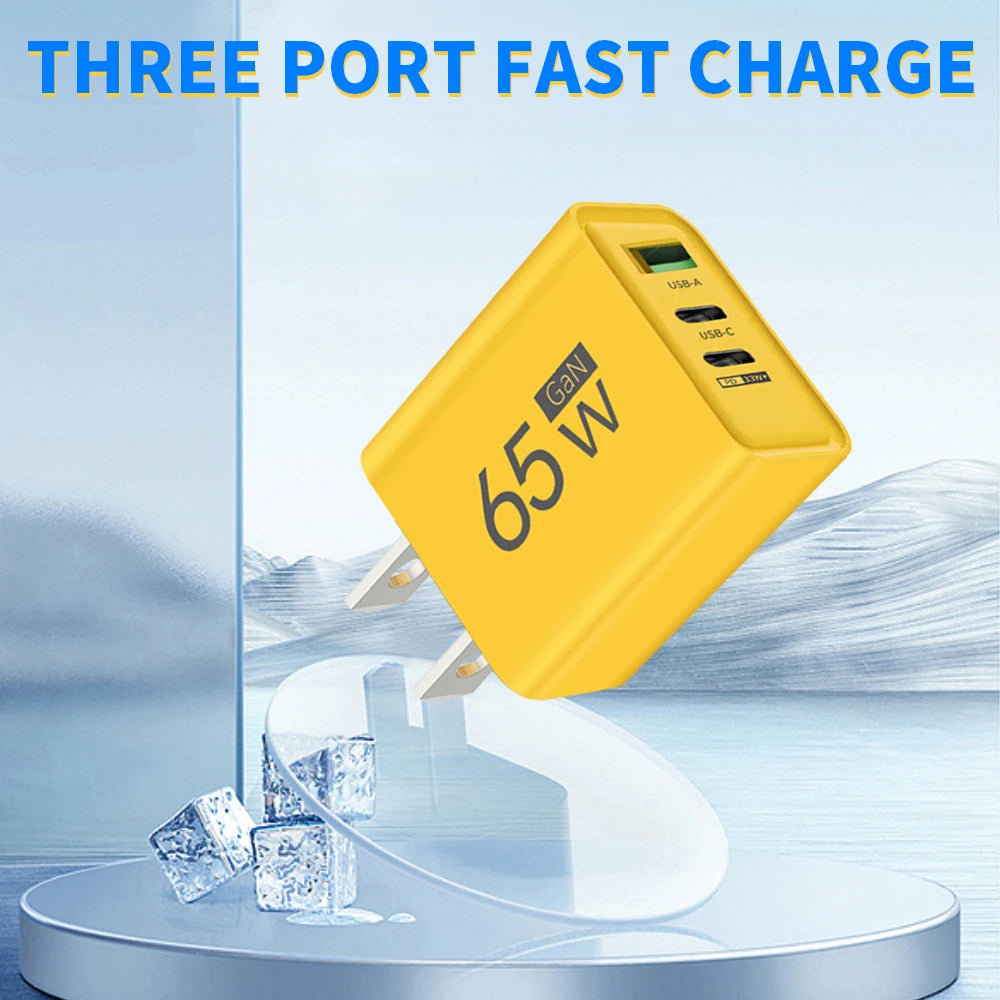 65W GaN USB-C Fast Charger | 3-Port PD Power Adapter USB-C GaN Charger QXL
