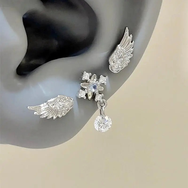 3-Pack Crystal Zircon Angel Wing Stud Earrings | Silver Women Crystal Stud Earrings QXL Default Title