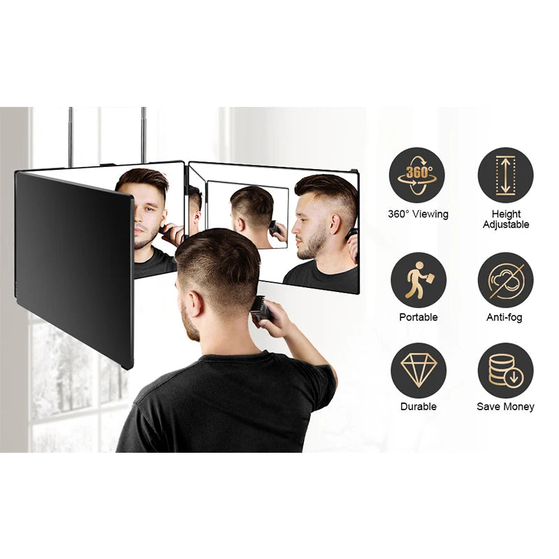 360° Trifold Makeup Mirror | Height-Adjustable Telescoping Hook Trifold Makeup Mirror QXL