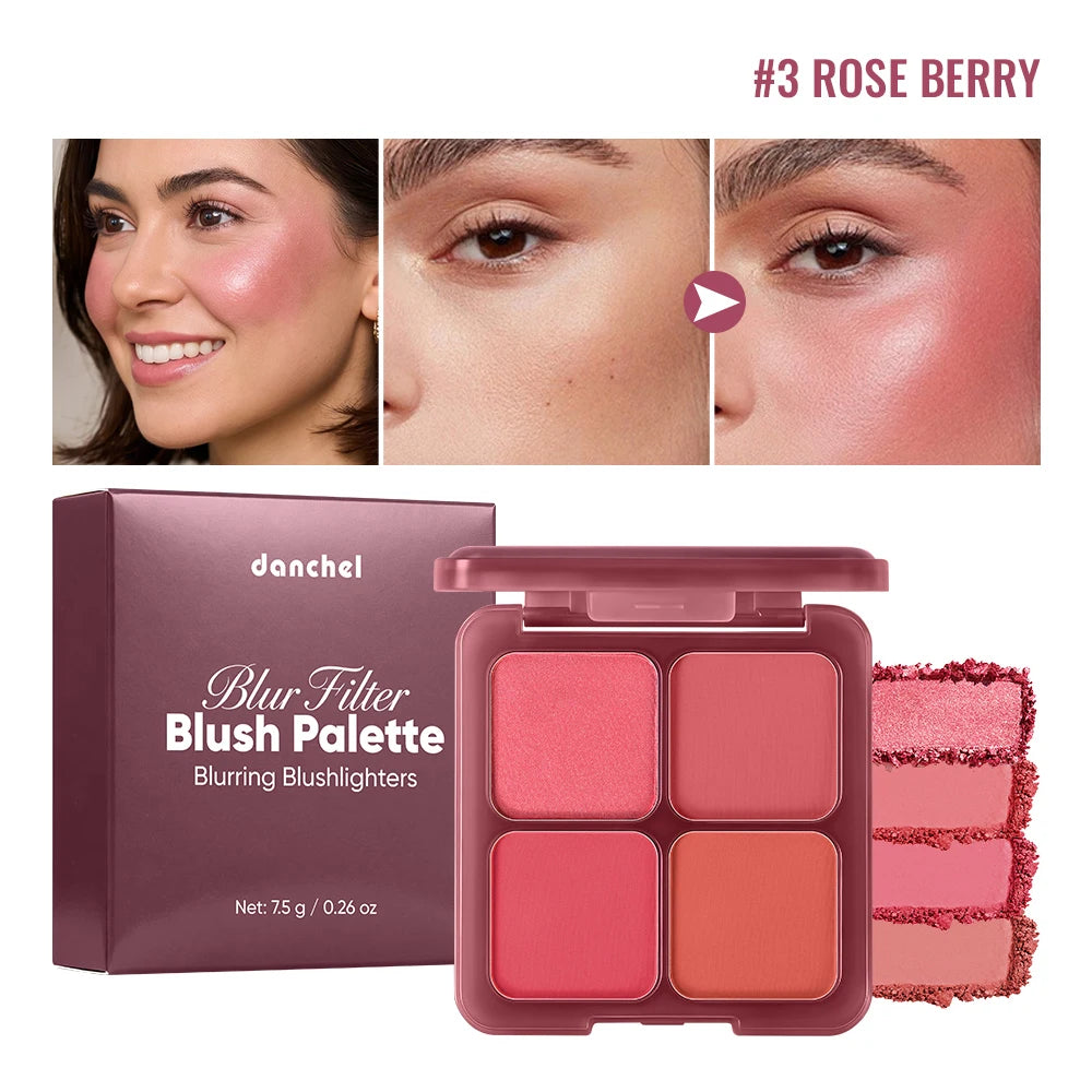 4-Shade Blush Palette Matte & Shimmer Soft Blur Finish Blush Palette QXL